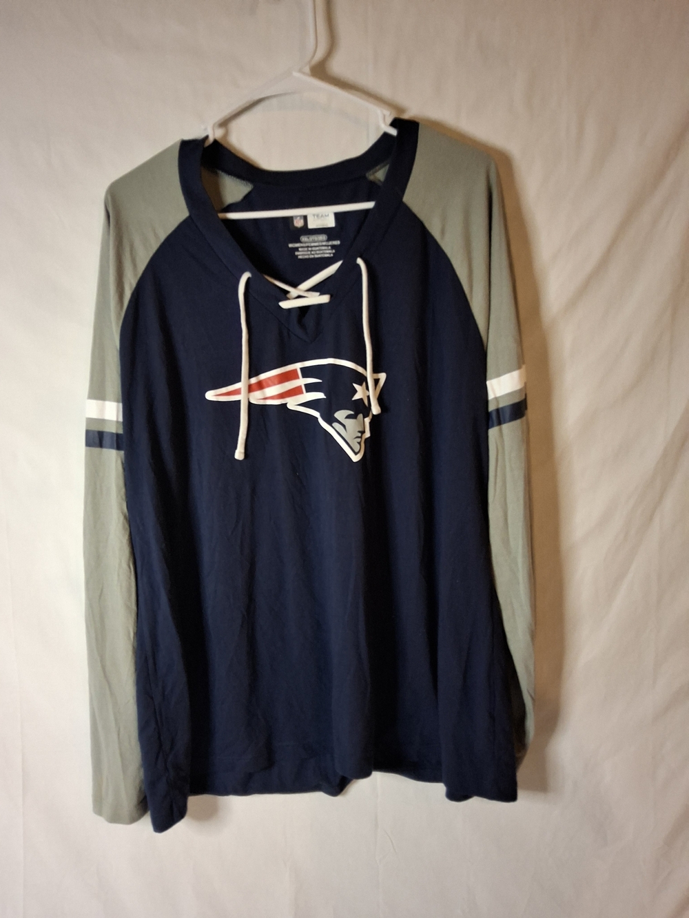 NFL New England Patriots Navy and Gray Lace-Up Long Sleeve Tee